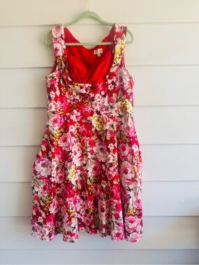 Lindy Bop Red Floral Swing Dress Sz 18